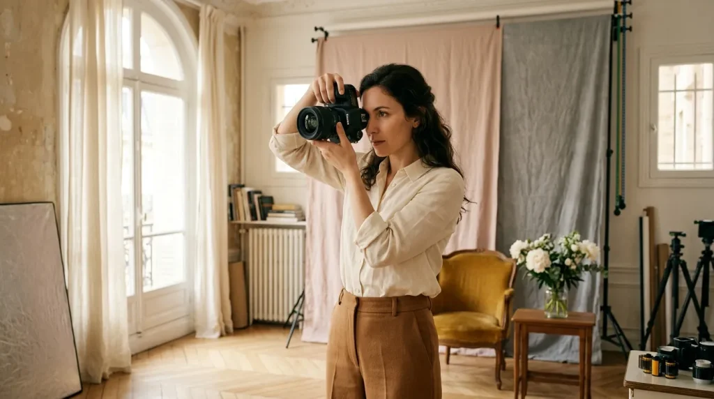 Femme photographe avec caméra en studio de création