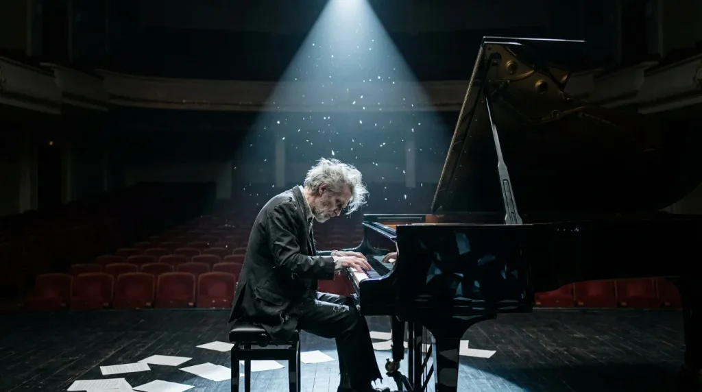 Musicien âgé jouant du piano grand dans une salle de concert vide