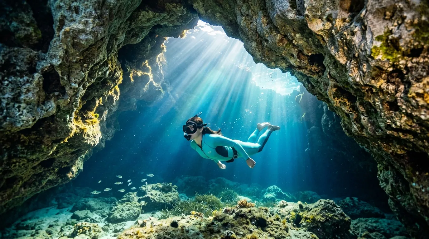 Plongeur en apnée explorant une grotte sous-marine illuminée