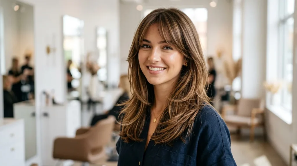 Femme souriante en tenue professionnelle dans un salon de beauté