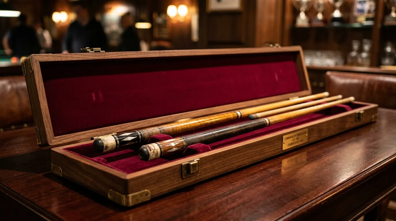 Deux queues de billard en bois dans coffret acajou garni velours