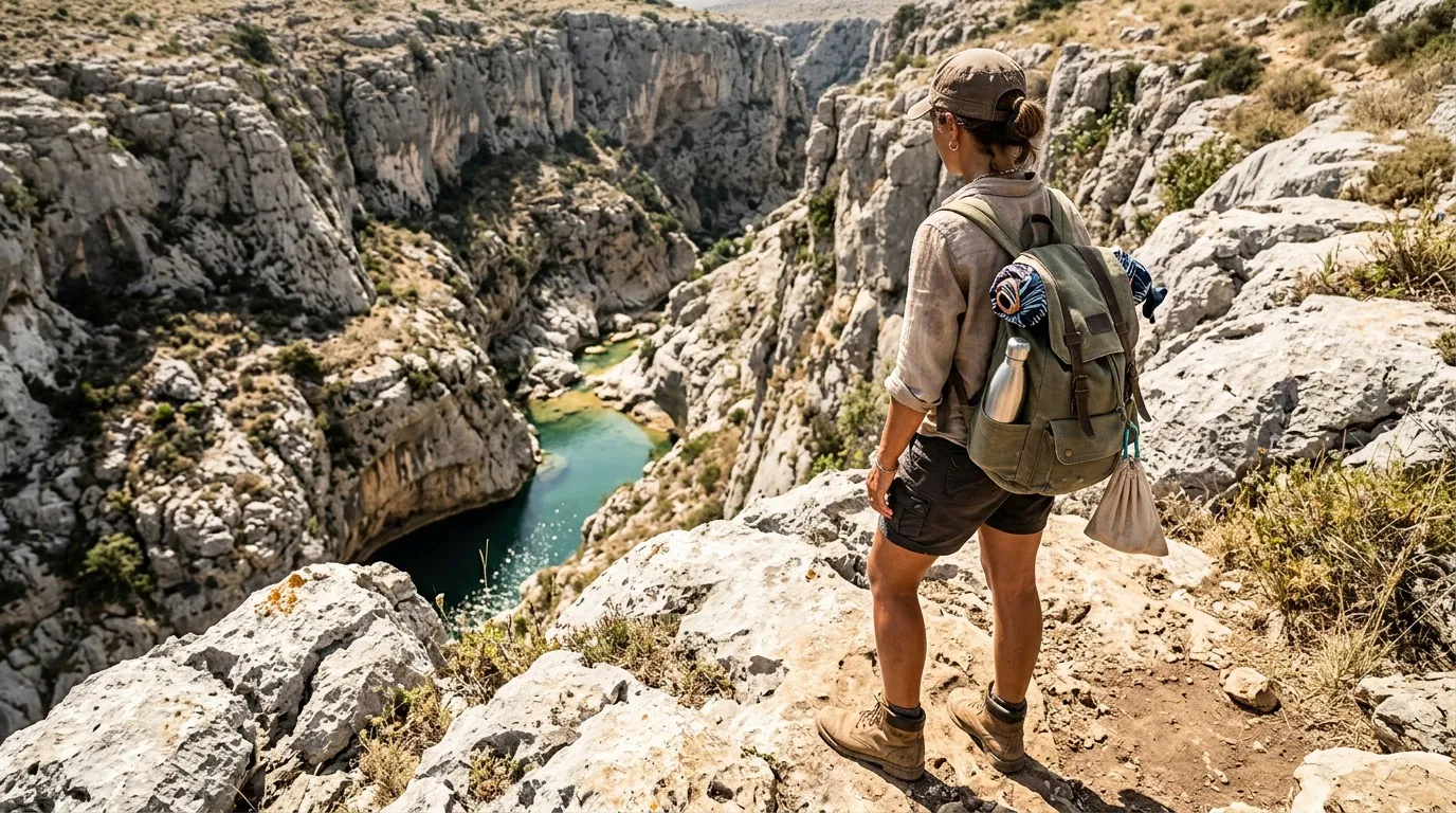 Randonneur contemplant un canyon rocheux avec rivière turquoise