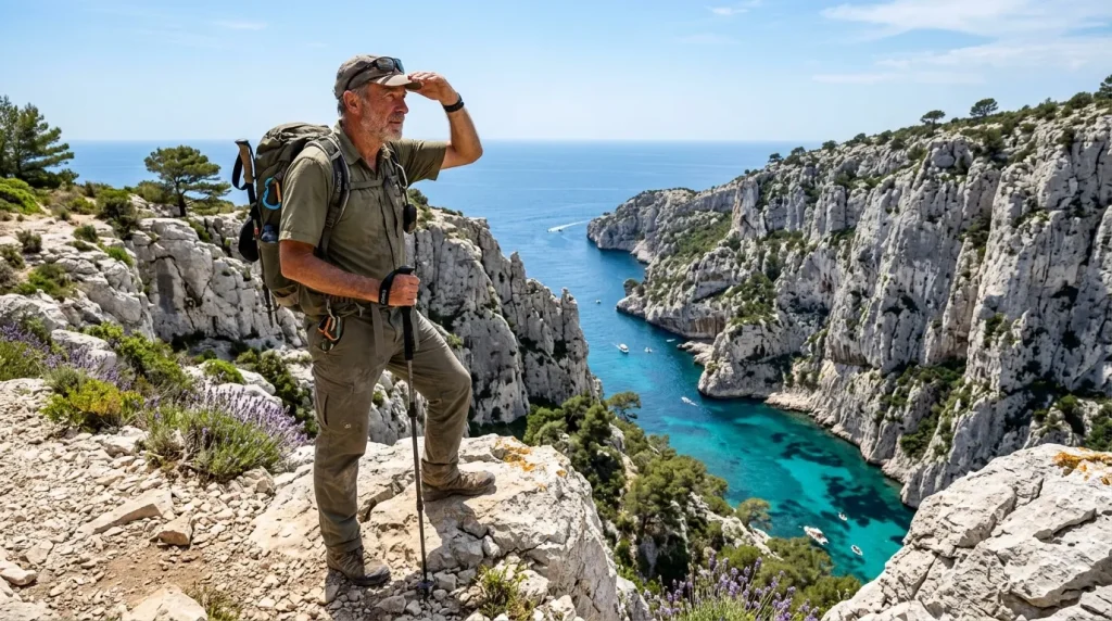 Randonneur observe les calanques bleues depuis les falaises