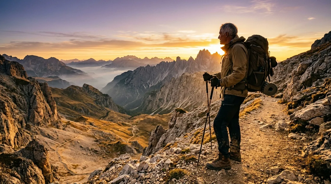 Randonneur avec sac à dos observant panorama montagneux au coucher soleil