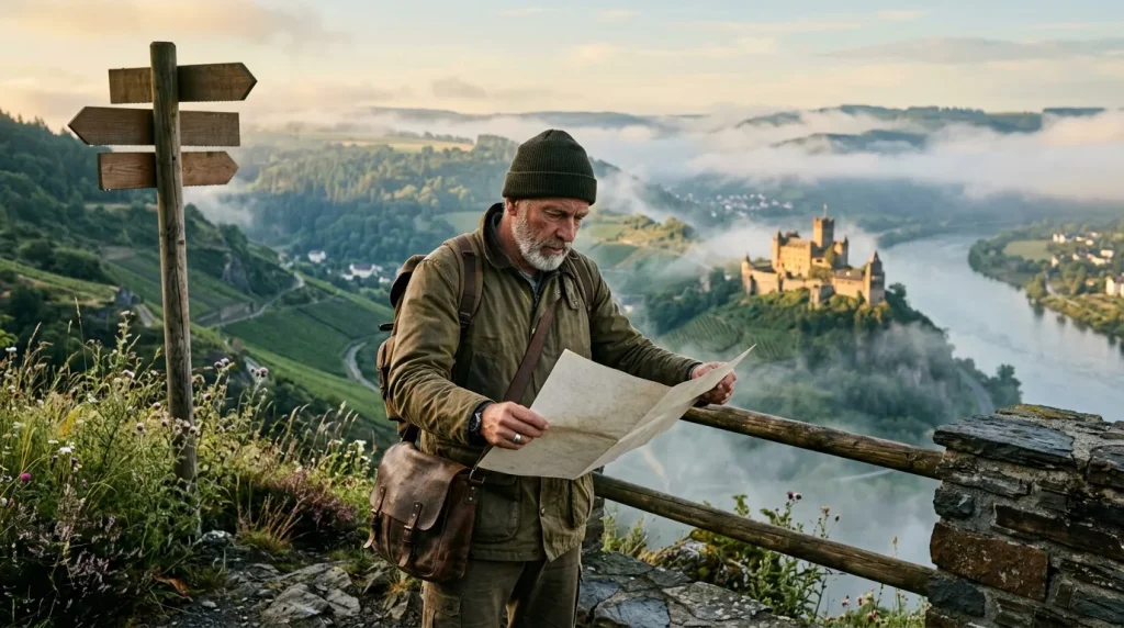 Homme avec carte devant château et rivière en vallée