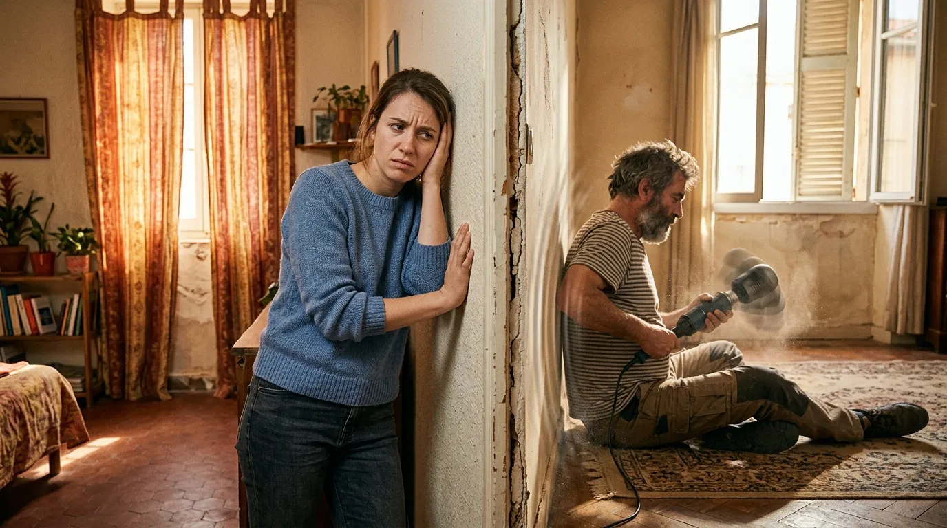 Femme inquiète observe homme réparant mur endommagé