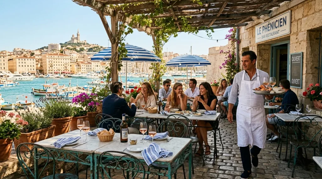 Terrasse restaurant Marseille avec vue port et basilique
