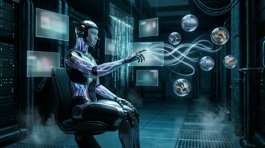 Robot futuriste manipulant des données et informations numériques