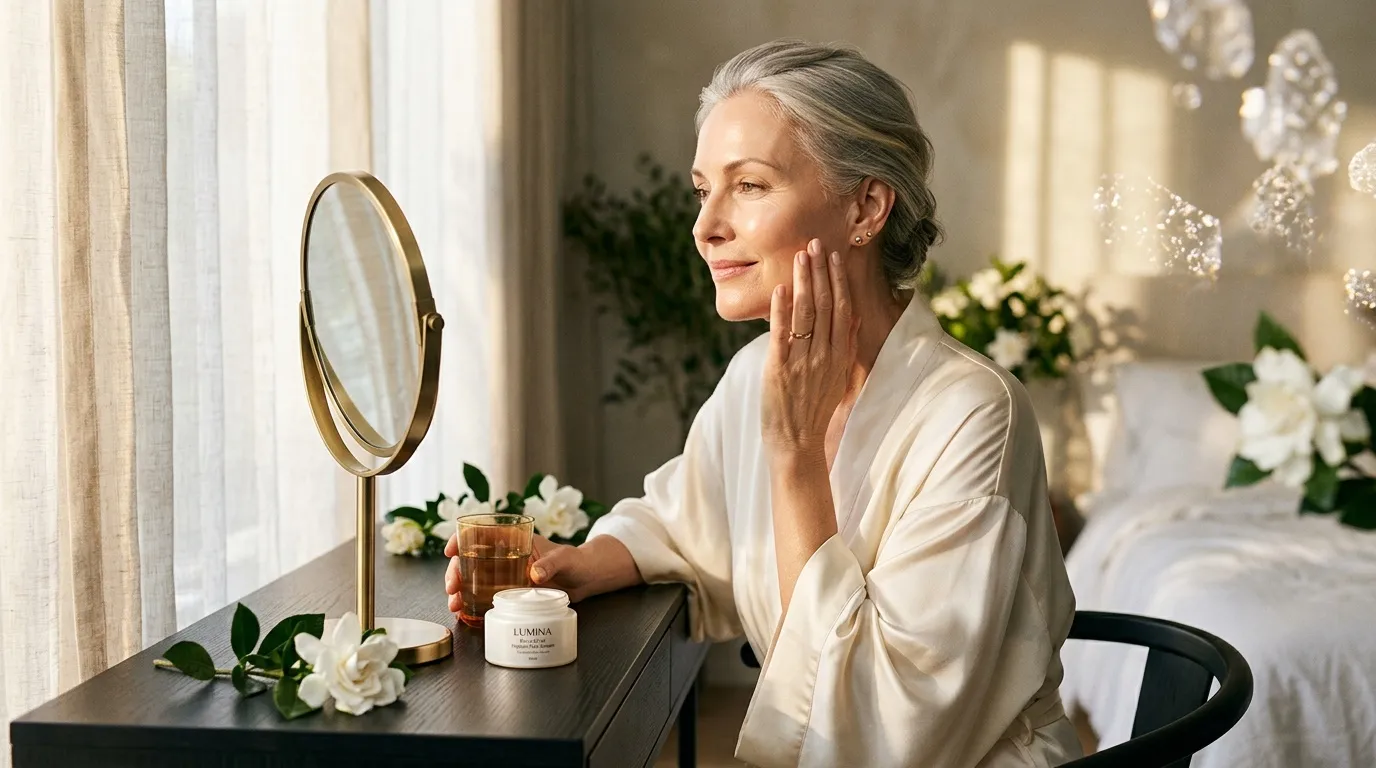 Femme mature appliquant crème hydratante devant miroir