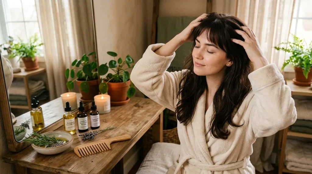 Femme admirant ses cheveux devant miroir avec produits aromathérapie