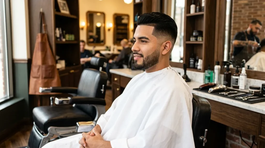 Homme satisfait assis au barbershop avec cape blanche
