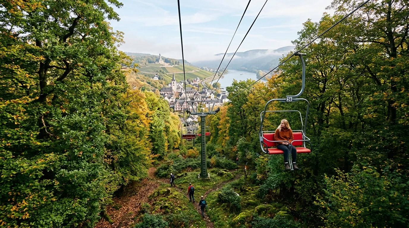 Femme en télésiège rouge surplombant forêt automnale et village