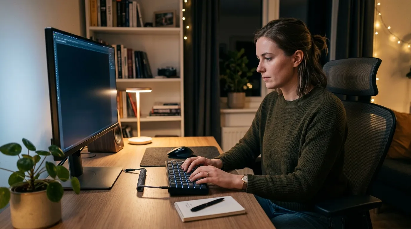 Femme travaillant sur ordinateur le soir à son bureau