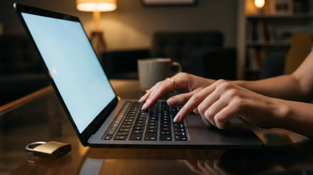 Personne travaillant sur un laptop illuminé la nuit