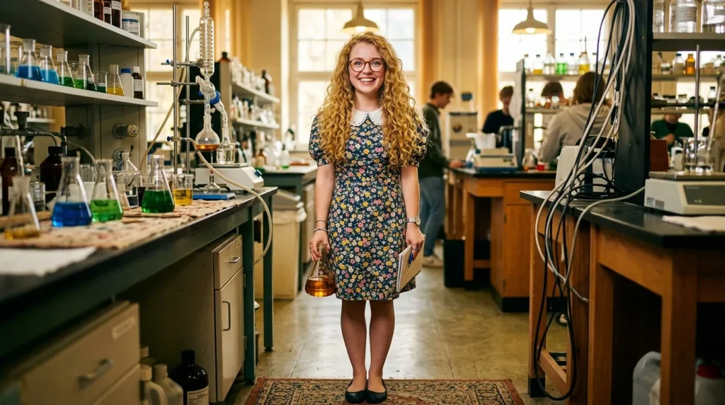 Jeune femme souriante dans laboratoire scientifique avec équipements