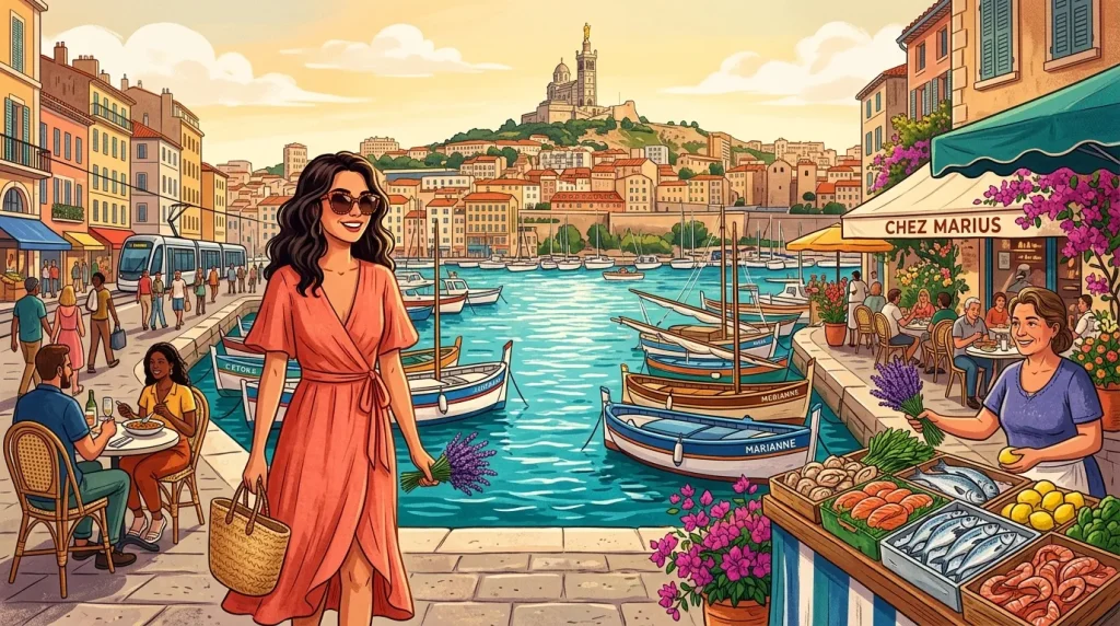 Femme en robe rouge au marché côtier méditerranéen animé