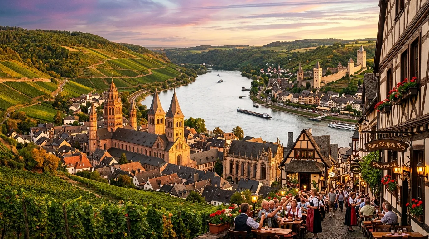 Village allemand médiéval avec église, vignobles, fleuve et touristes