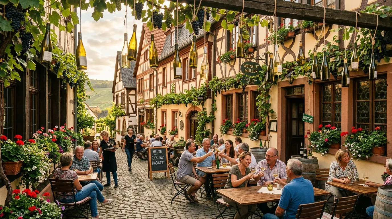 Rue pittoresque avec vignes, maisons à colombages et clients dégustant du vin