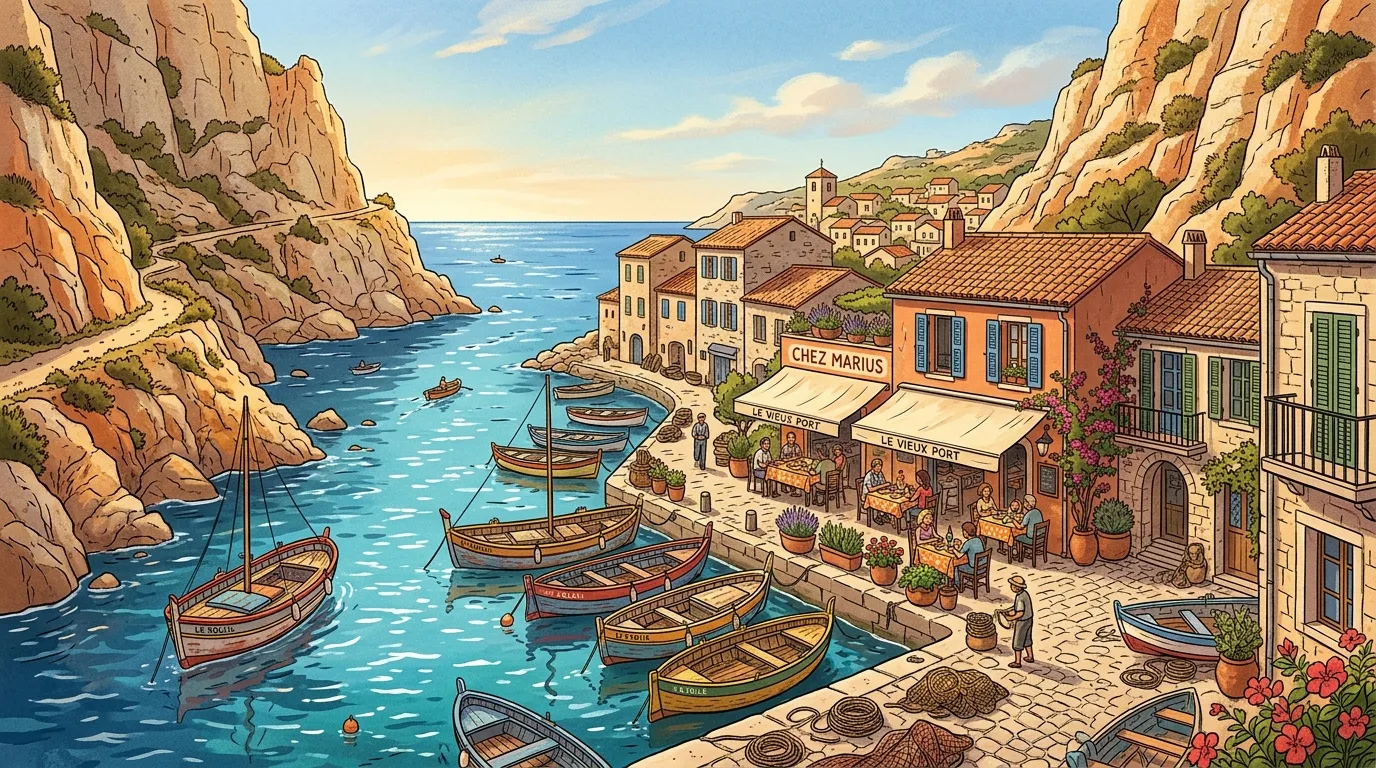 Port méditerranéen avec bateaux, falaises et maisons colorées