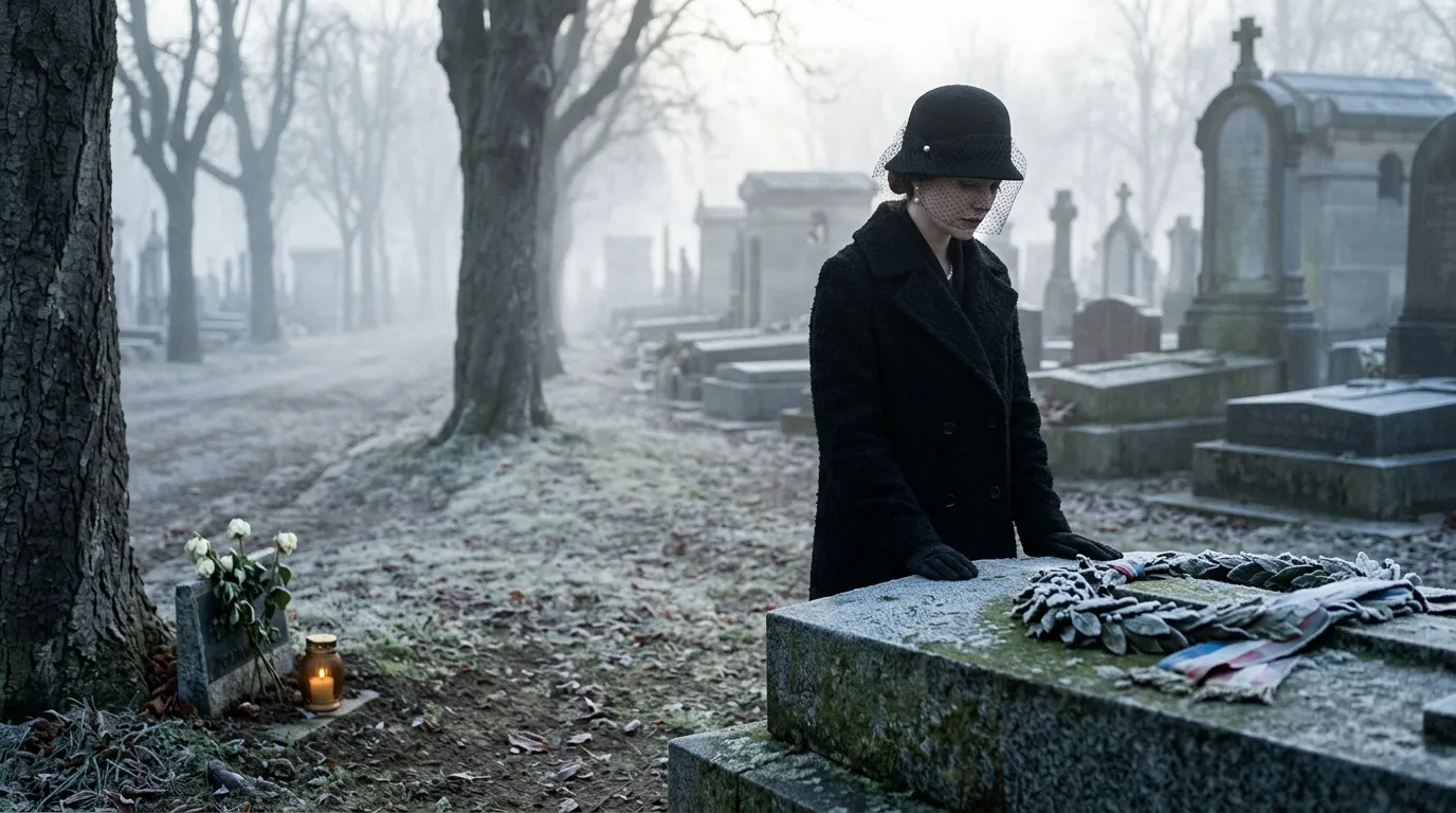 Femme en deuil devant une tombe dans un cimetière brumeux