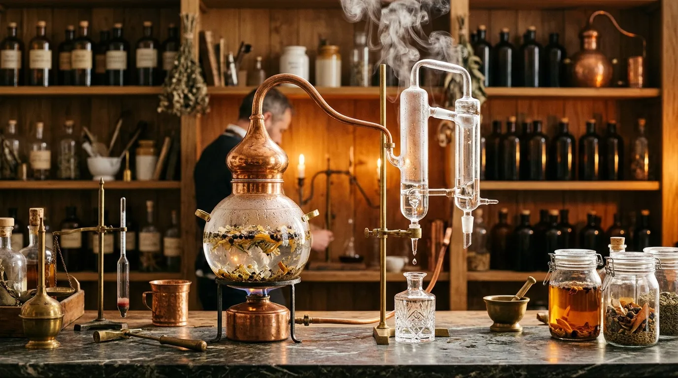 Appareil de distillation en cuivre avec alambic et bouteilles d'alcool