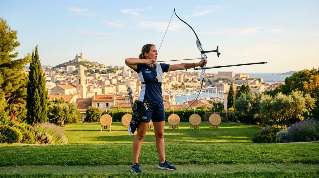 Femme tirant à l'arc avec vue sur Marseille en arrière-plan