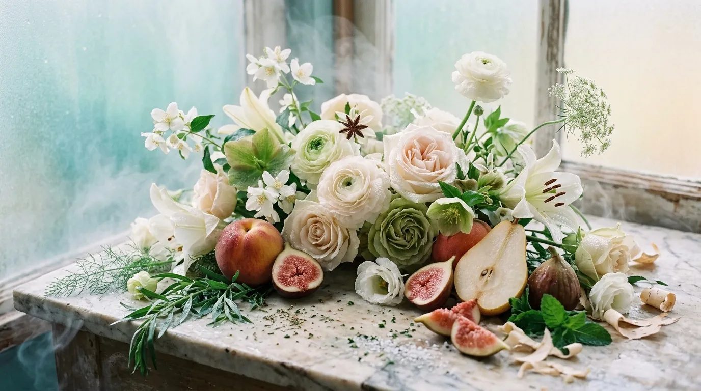 Bouquet de fleurs blanches, roses et fruits frais sur rebord pierre