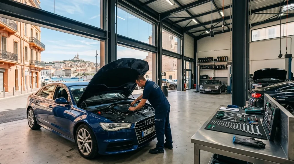Mécanicien réparant une Audi bleue dans un garage moderne