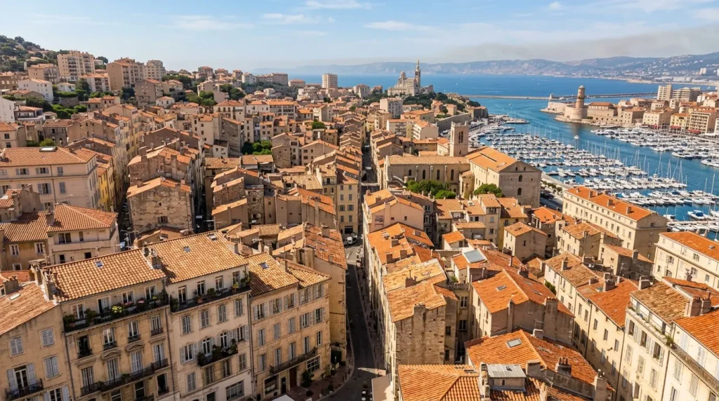 Vue aérienne de Cannes avec toits, port et Méditerranée