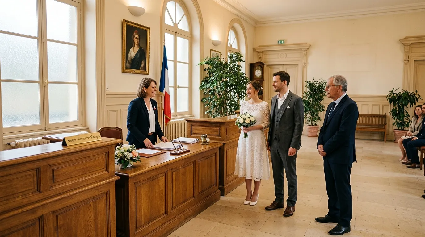Couple se mariant devant maire en mairie française