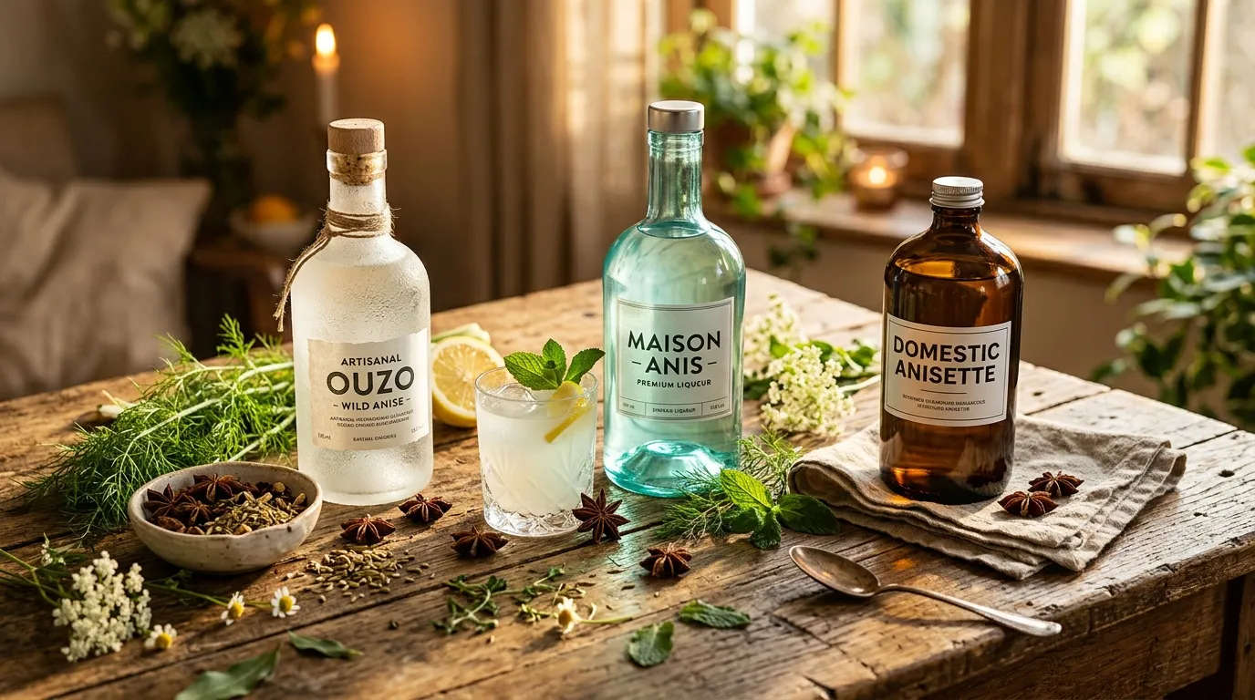 Trois bouteilles d'anisé avec verre, herbes et épices décoratives