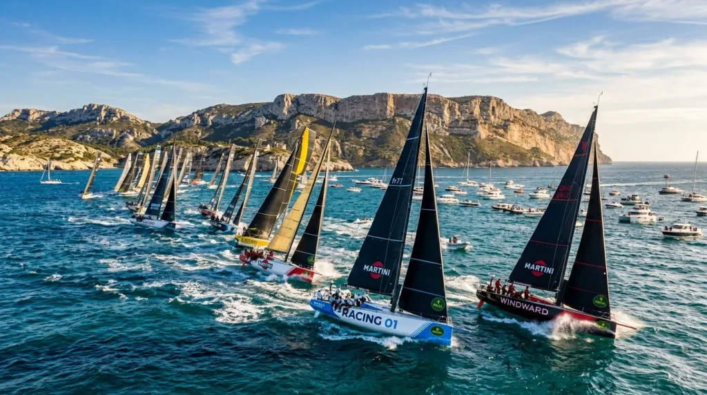 Flotte de voiliers de course naviguant près de falaises côtières