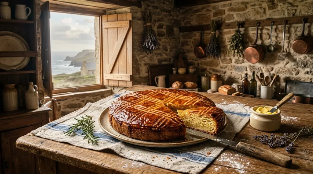 Gâteau frais sur table en pierre, vue mer côtière