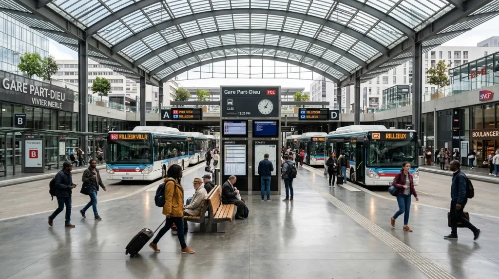 Station bus couverte avec voyageurs et bus TCL à Lyon