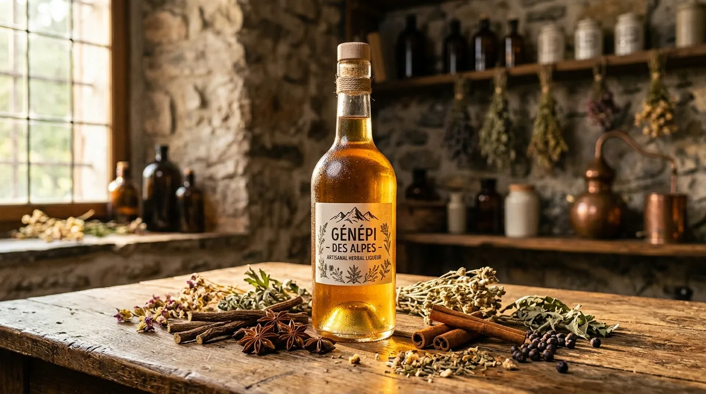 Bouteille Génépi des Alpes entourée d'herbes et épices