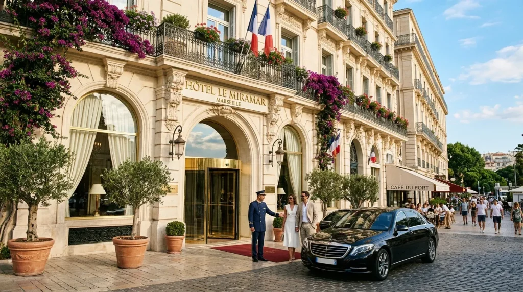 Façade élégante d'un hôtel de luxe avec drapeaux français