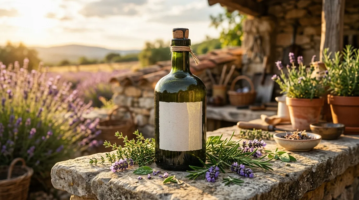 Bouteille huile verte étiquette blanche lavande pourpre champs Provence