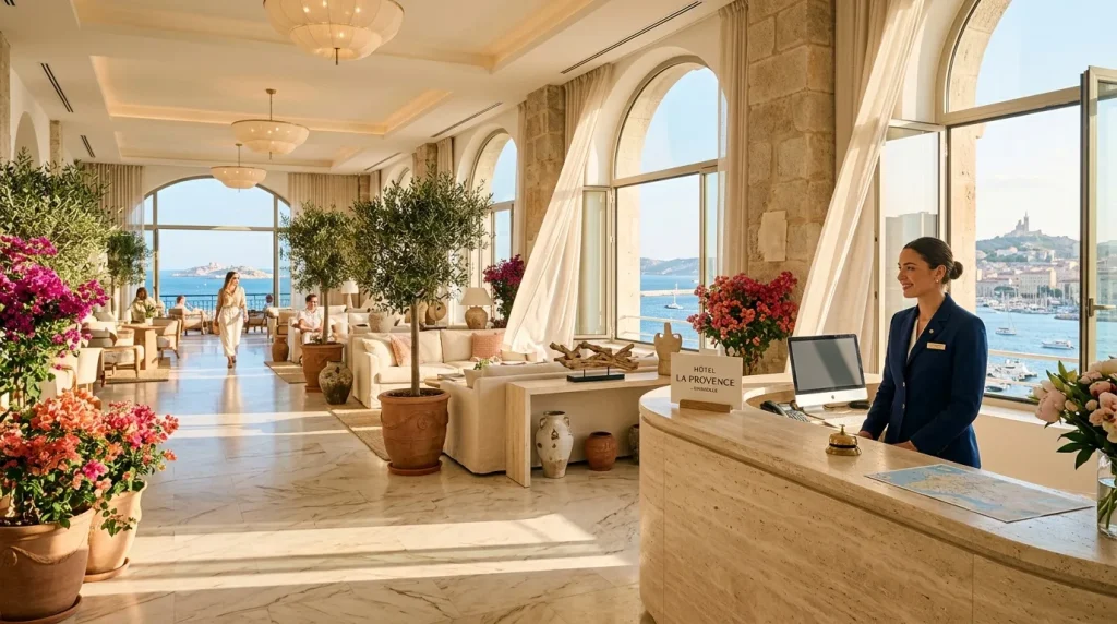 Réception d'hôtel luxe avec vue mer méditerranéenne