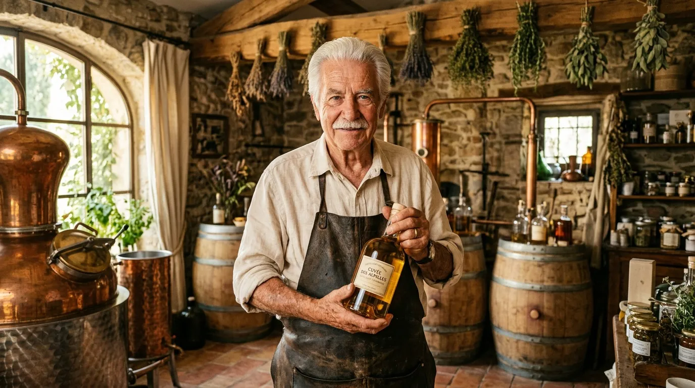 Homme senior présentant une bouteille d'alcool dans sa distillerie