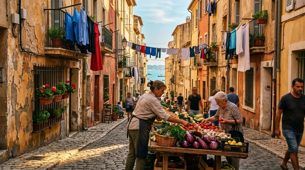 Rue étroite avec vendeurs de fruits et linge séchant aux balcons