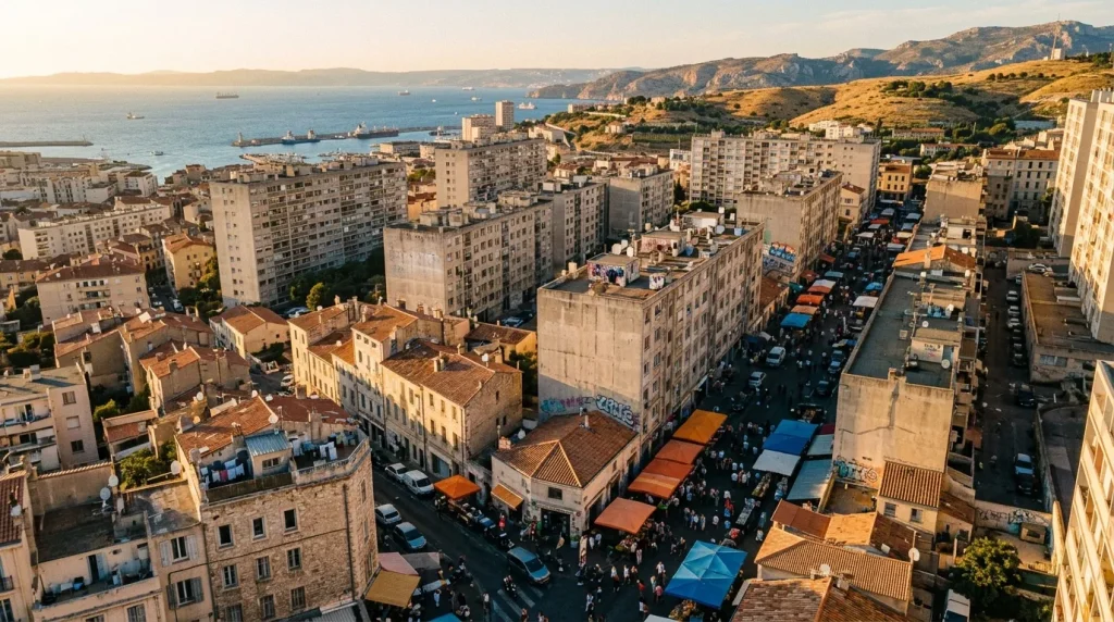 Vue aérienne d'un marché coloré près de la côte méditerranéenne