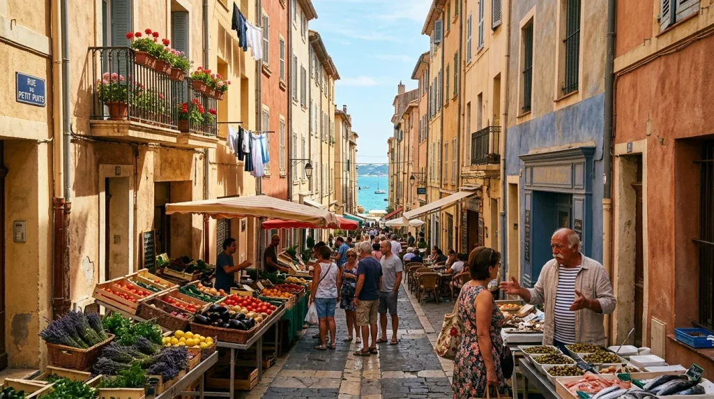 Rue marchande méditerranéenne avec étalages de fruits et légumes