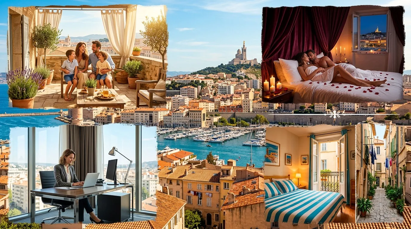 Collage montrant divers logements à Marseille avec vues méditerranéennes.