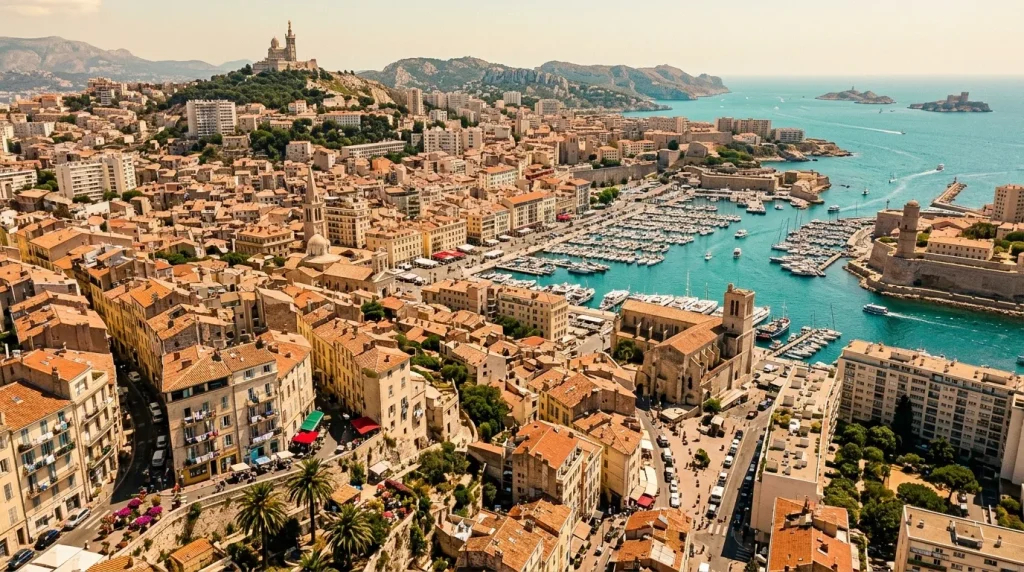 Vue aérienne de Marseille avec basilique, port et mer turquoise