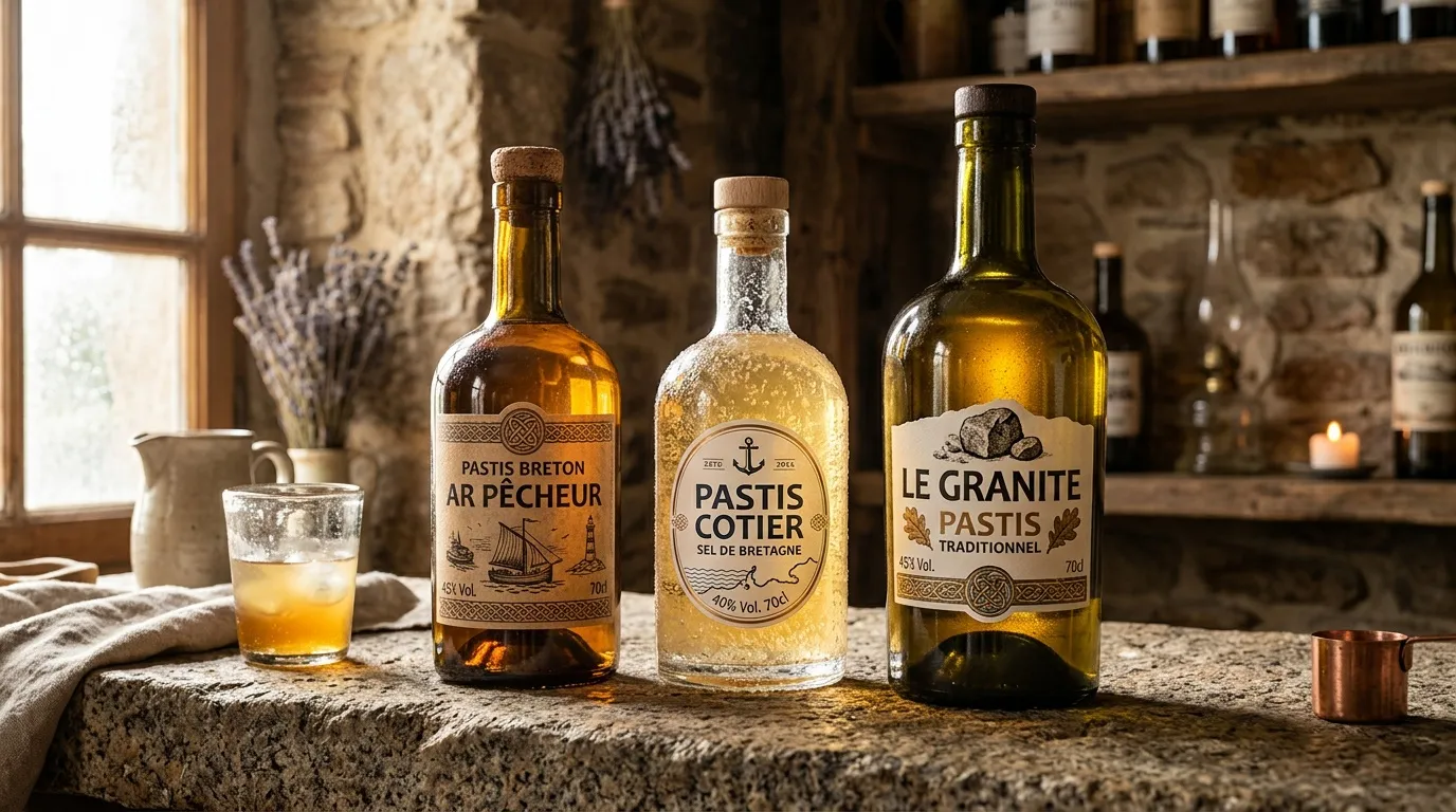 Trois bouteilles de pastis breton avec verre, décor rustique en pierre