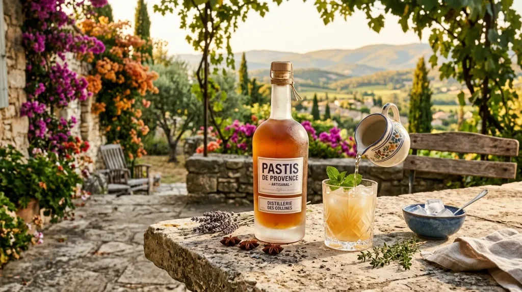 Bouteille de pastis artisanal avec verre garni, paysage provençal
