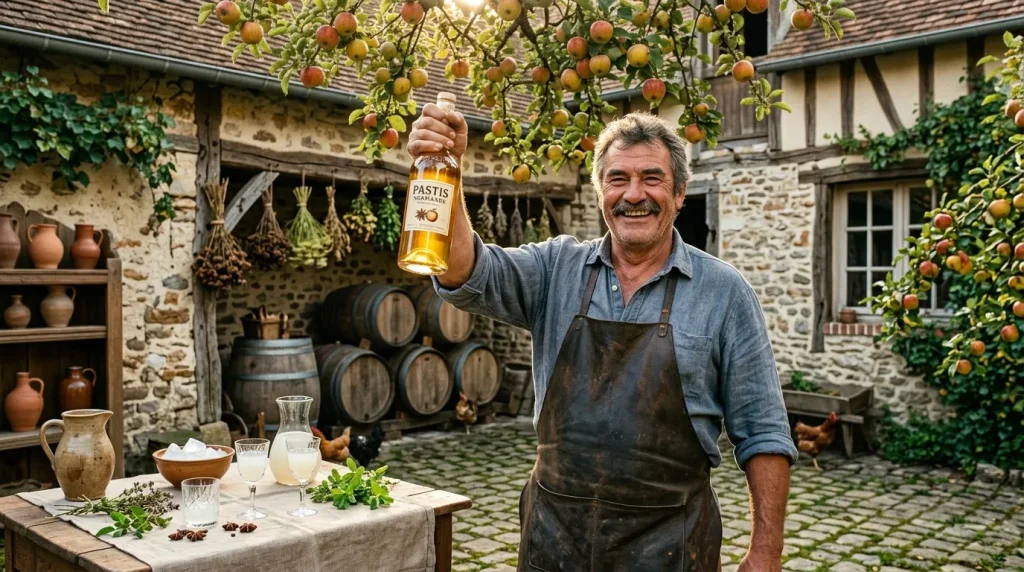 Homme souriant présentant une bouteille de Pastis dans sa cour rustique