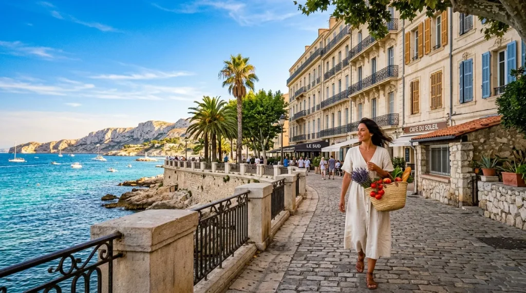Femme marchant sur promenade côtière avec mer turquoise et immeubles haussmanniens