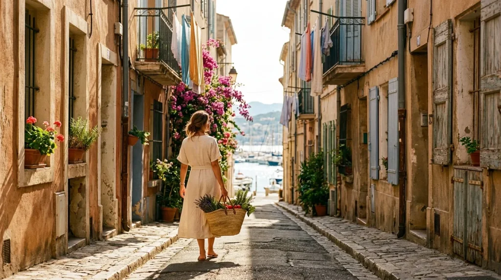 Femme en robe blanche marchant dans une ruelle pavée fleurie