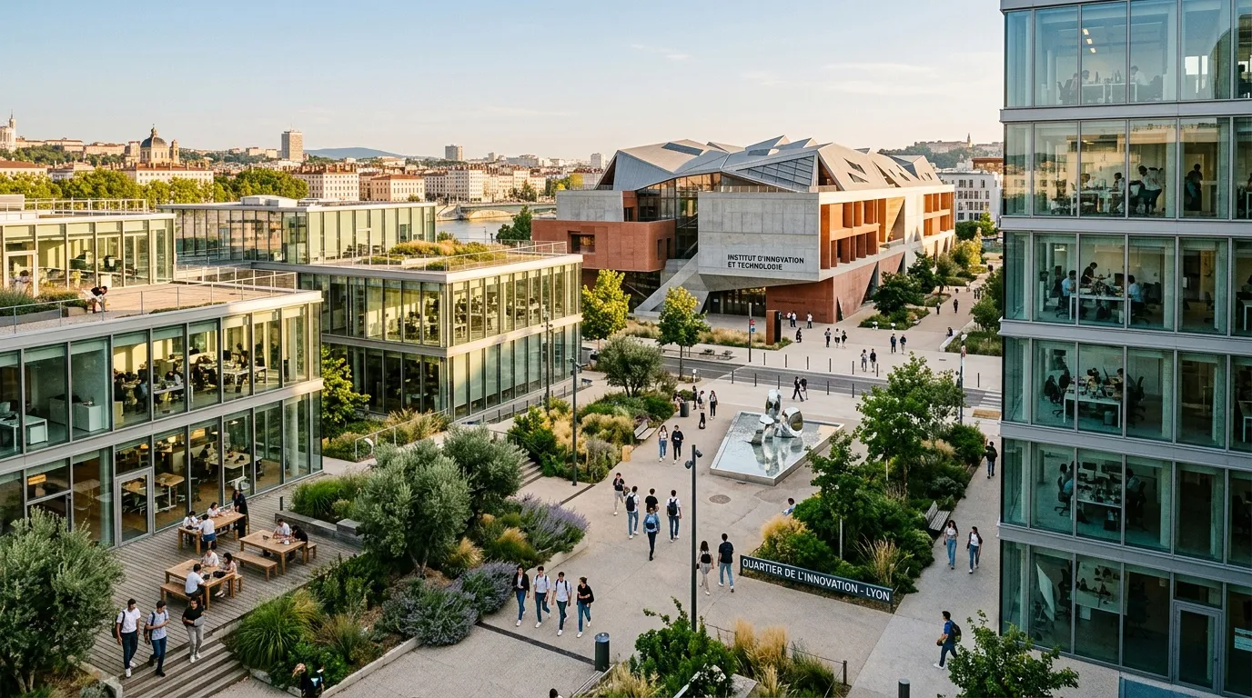 Campus innovation avec bâtiments contemporains et espaces verts